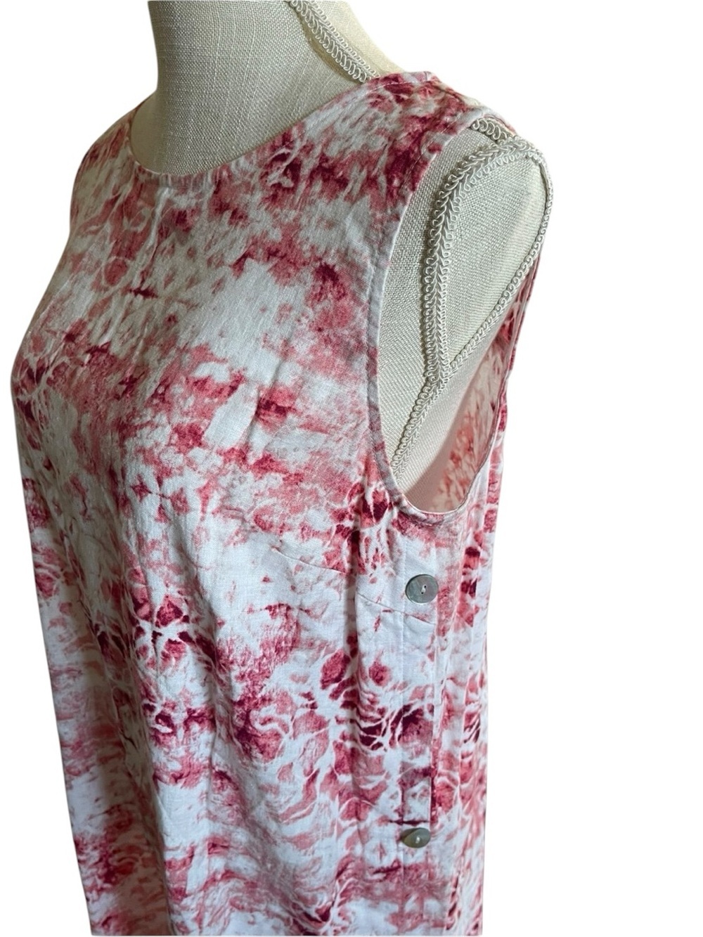 Sleeveless Pink Shibori Print Linen Midi Shift Dress w/ Pockets & Side Buttons